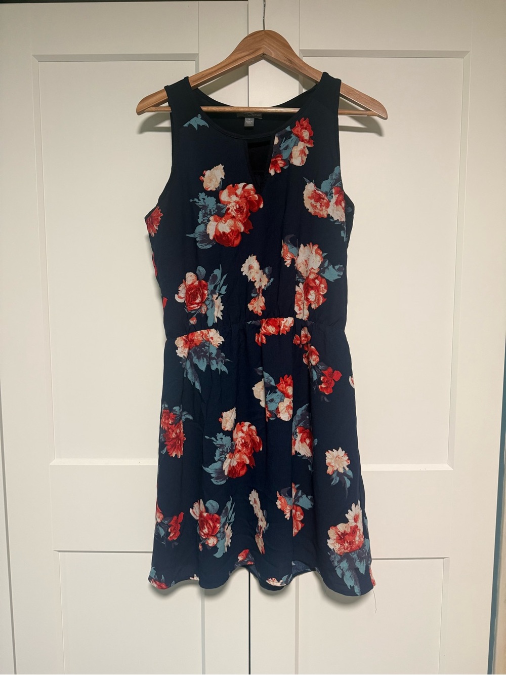 Floral Navy Sleeveless Dress with Red Blooms